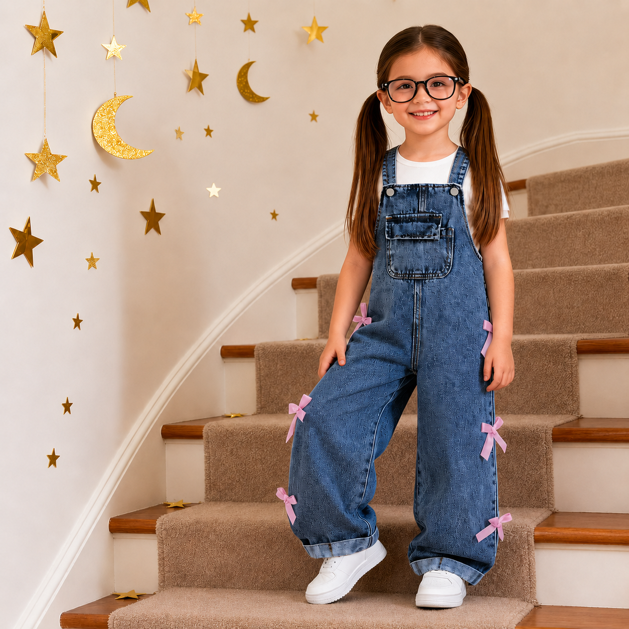 Girls 2-Piece Denim Overall Set with White Tee & Bow Detail