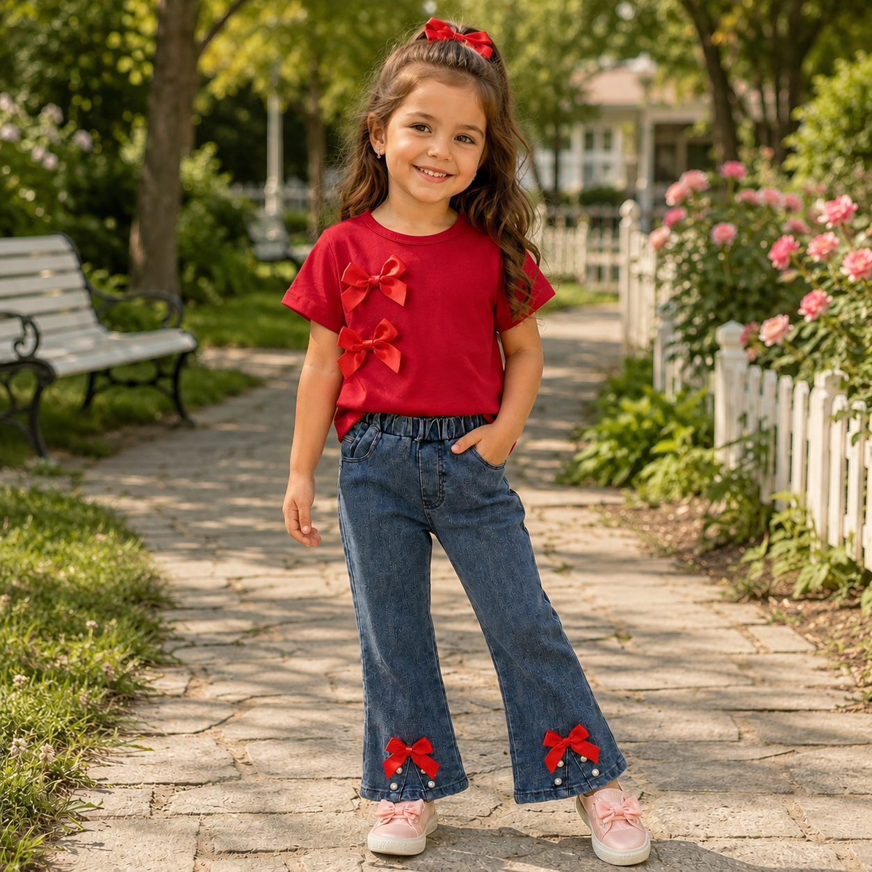 Ensemble élégant haut à nœud rouge et jean en denim pour petites filles – Tenue stylée pour enfant