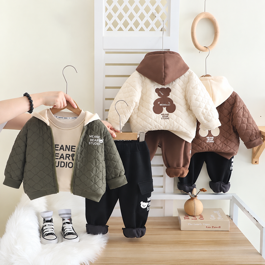 Boys’ Cozy Quilted 3-Piece Winter Set – Hooded Jacket, Sweatshirt & Warm Jogger Pants