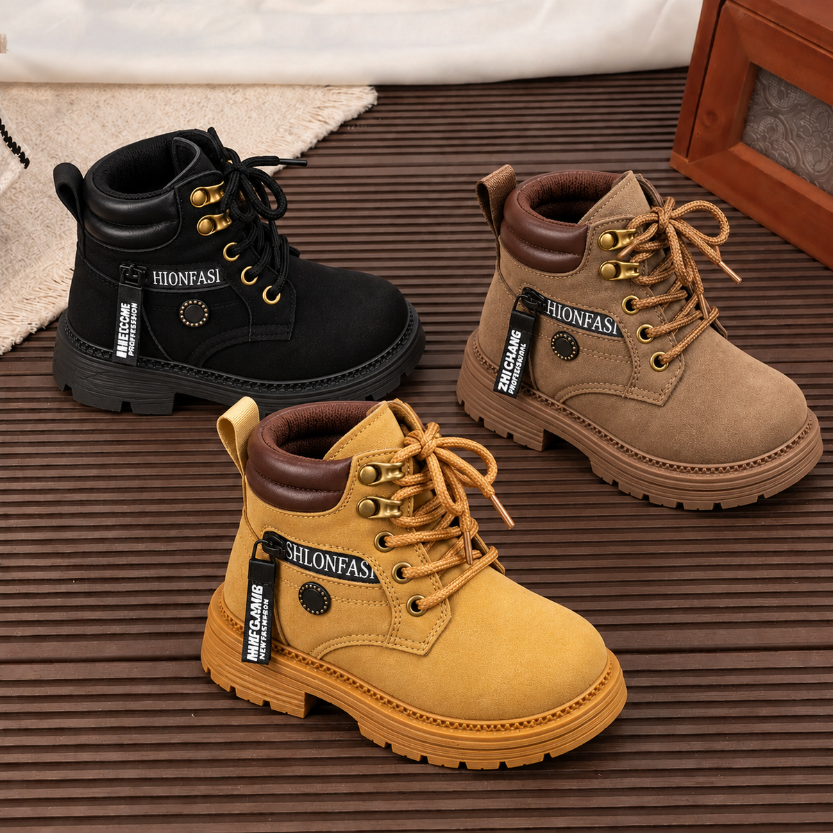 Bottines pour enfant à lacets sur le devant, fermeture éclair latérale, col rembourré et semelle épaisse – Élégantes bottines effet daim en noir, camel et kaki pour les tenues d’automne et d’hiver