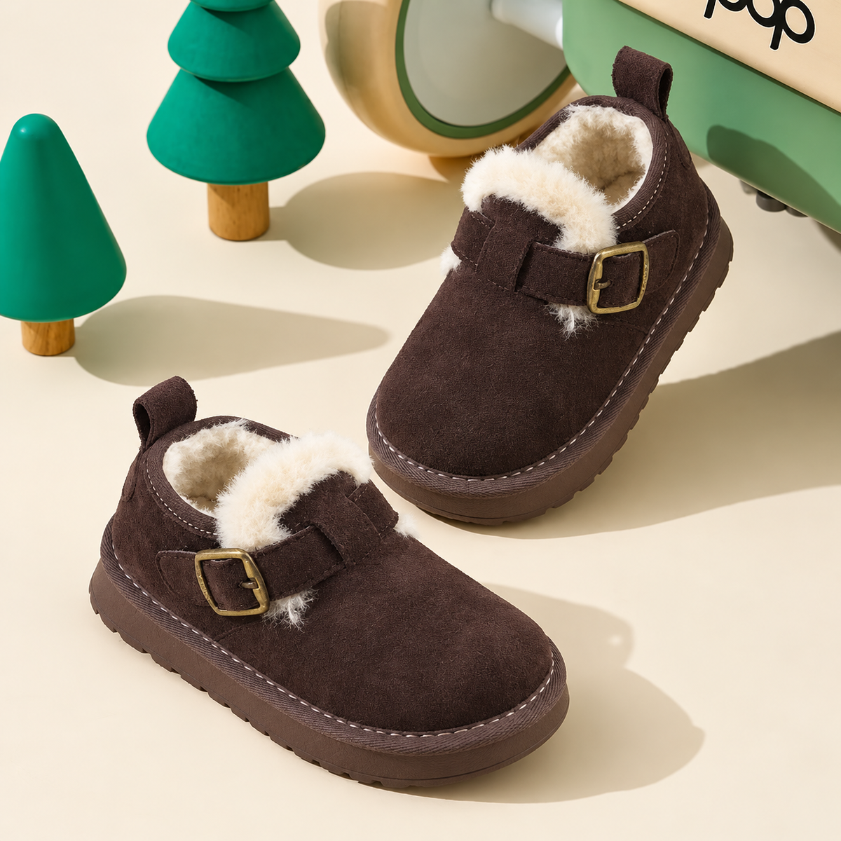 Kids’ Cozy Fleece-Lined Ankle Shoes with a Suede-Look Finish, Classic Buckle Detail and Chunky Sole for Charming Autumn and Winter Outfits