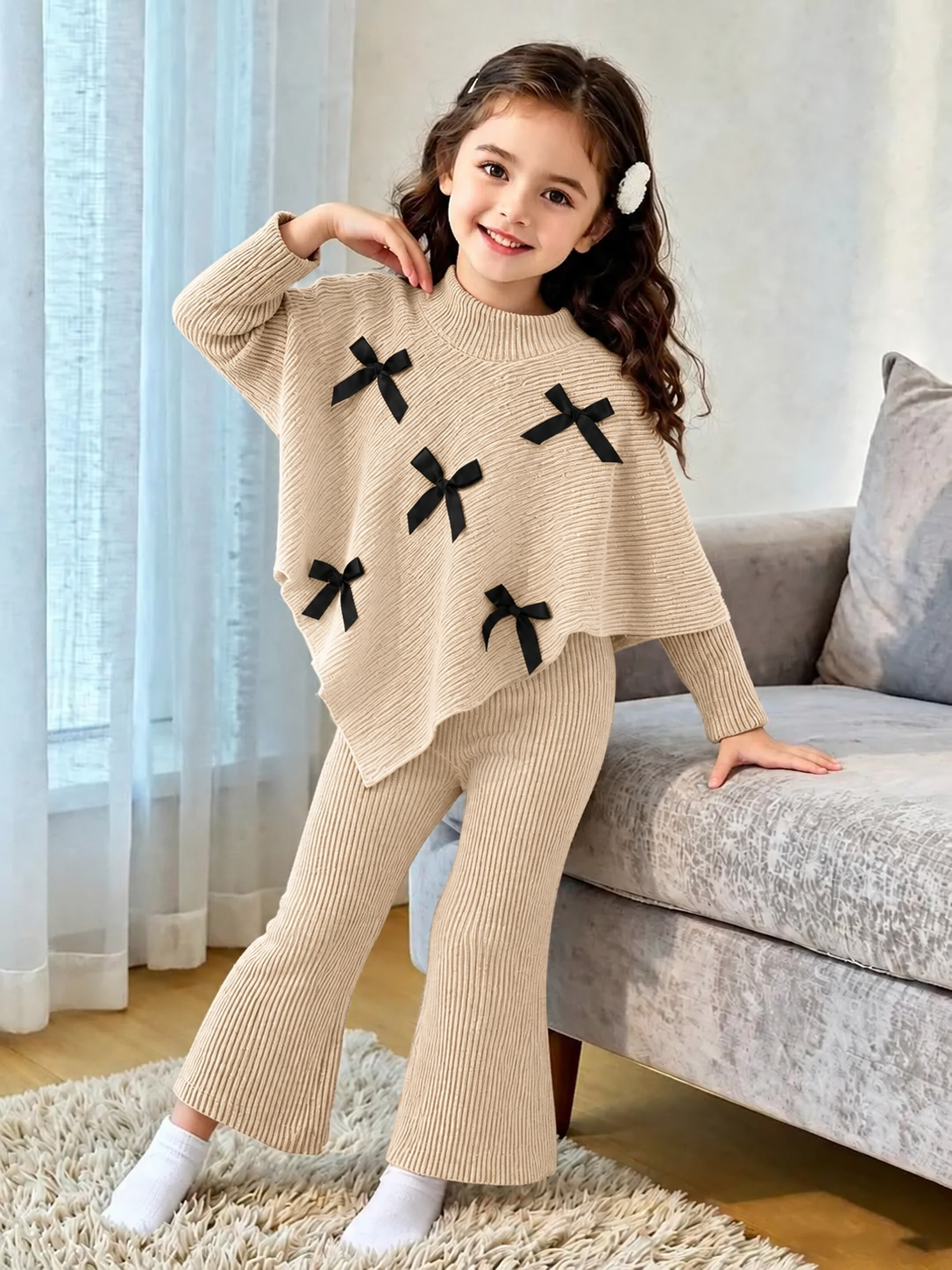 Girls’ Warm and Cozy Lined Two-Piece Winter Set with Bow-Detail High-Neck Top and Comfortable Wide-Leg Pants (Copy)