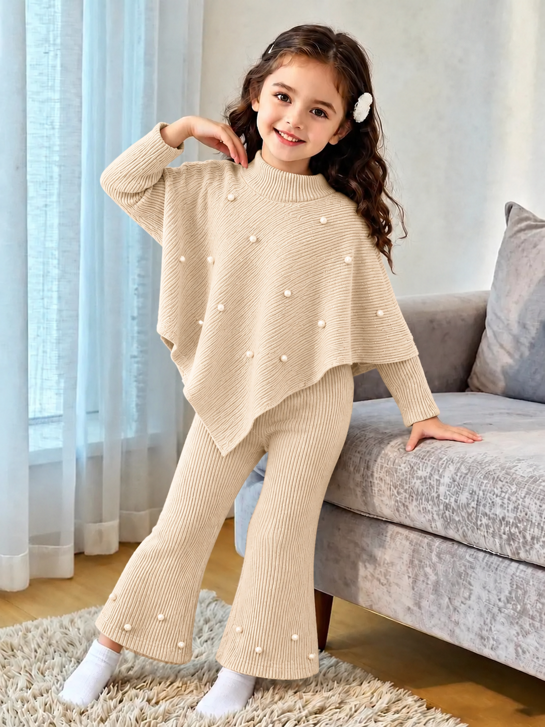 Ensemble deux pièces en maille côtelée élégant pour filles avec détails perlés – Tenue d'hiver chaude, douce et stylée