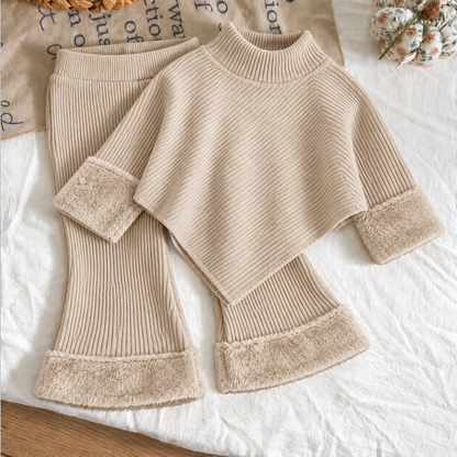 Ensemble d’hiver douillet en maille côtelée pour filles – Pull doux à col montant & pantalon évasé avec bordure en fausse fourrure pelucheuse