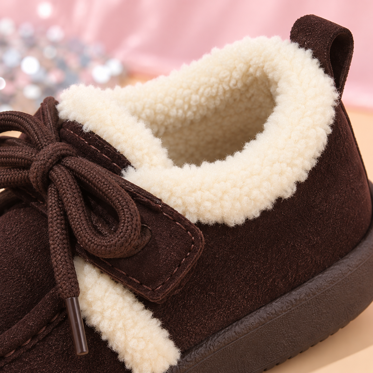 Little Charm Kids’ Moccasin Shoes with Cozy Fleece Trim, Bow Laces and Colorful Bead Details – A Charming Style for Autumn and Winter