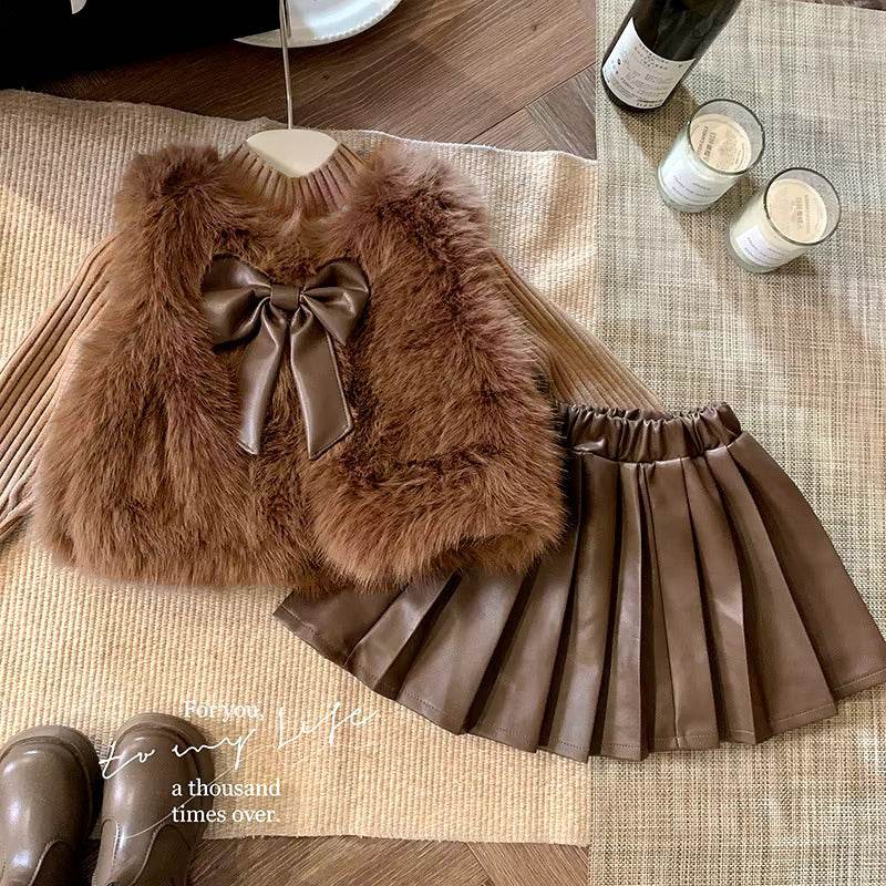 3pcs ' Elegant Winter Fur-like Coat & Skirt Set with Bow Detailing