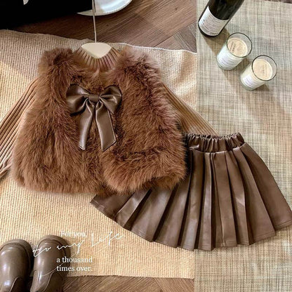 3pcs ' Elegant Winter Fur-like Coat & Skirt Set with Bow Detailing