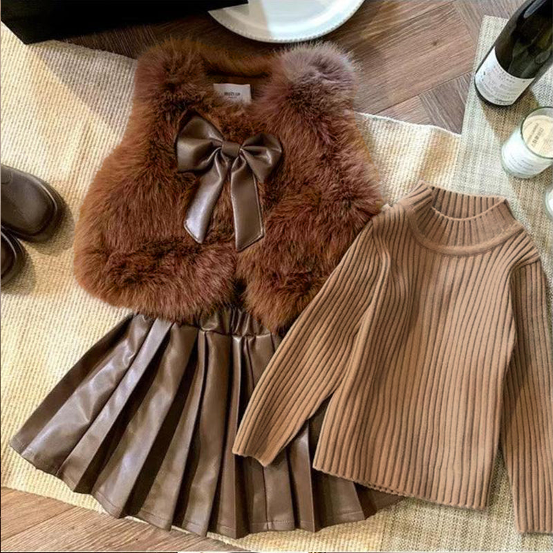 Ensemble de vêtements pour filles automne hiver enfants mode pull en laine manteau hauts tricotés + haut à manches longues + jupe en cuir plissée en velours mode