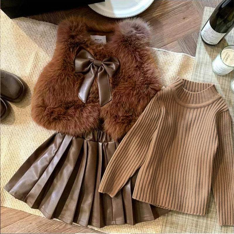 3pcs ' Elegant Winter Fur-like Coat & Skirt Set with Bow Detailing