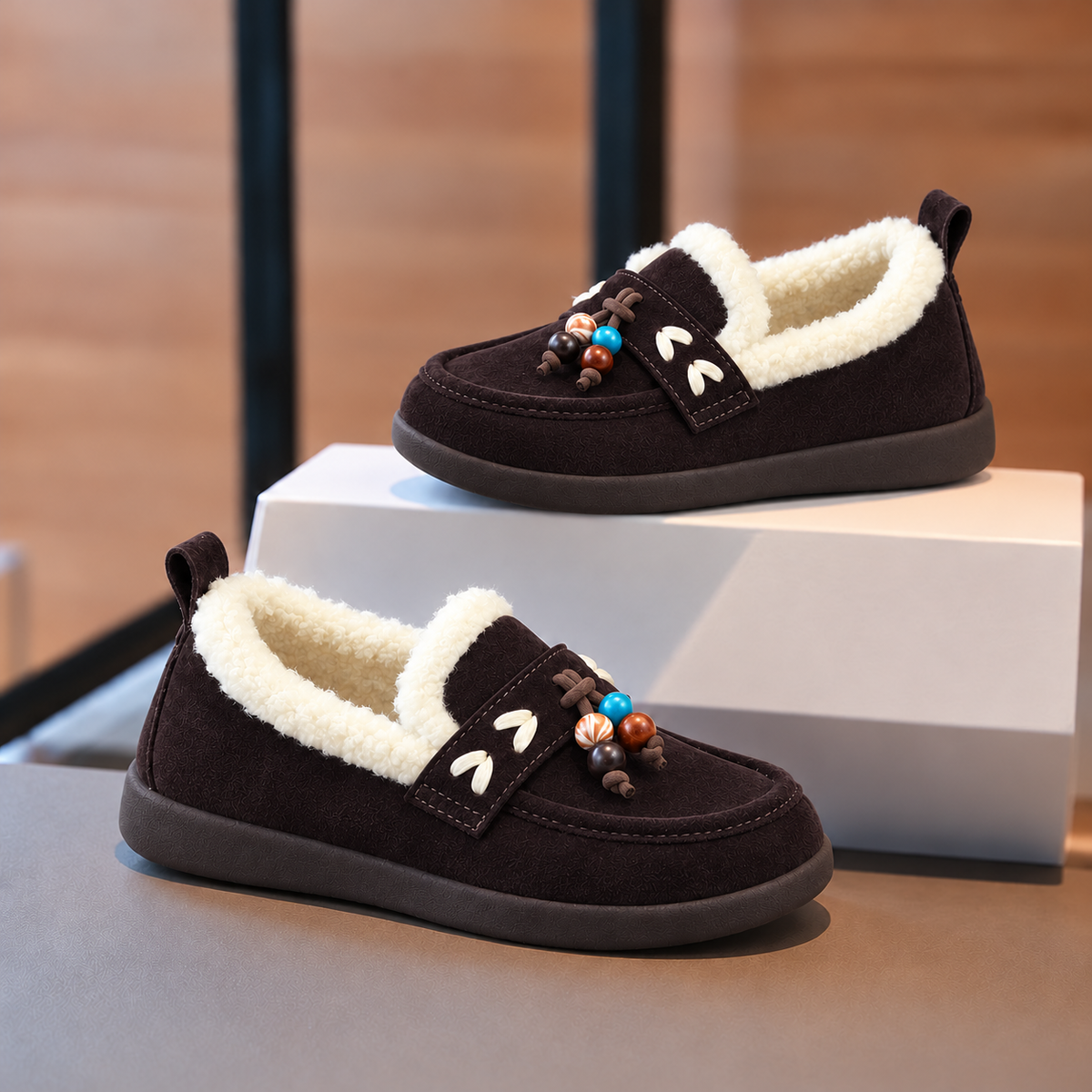 Kids’ Cozy Fleece-Lined Loafers with Colourful Bead Details – A Charming Style for Cooler Days