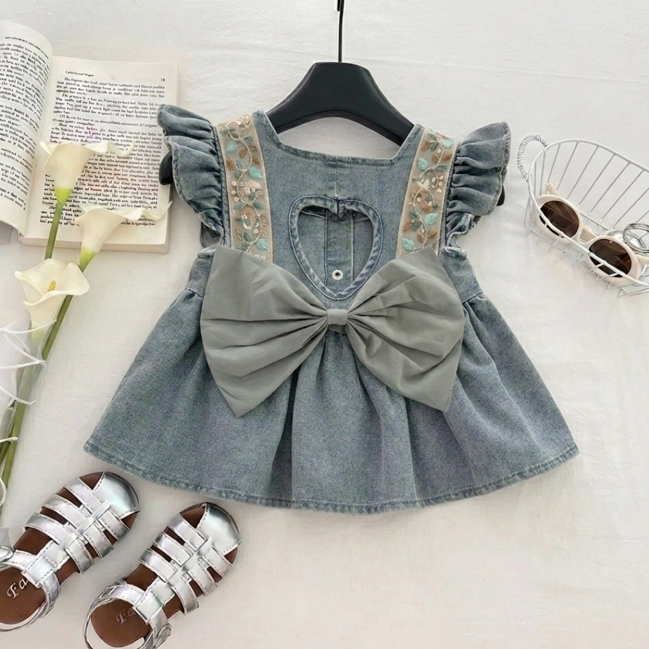 🌸 Elegant Denim Floral Set for Girls – Soft Summer Style