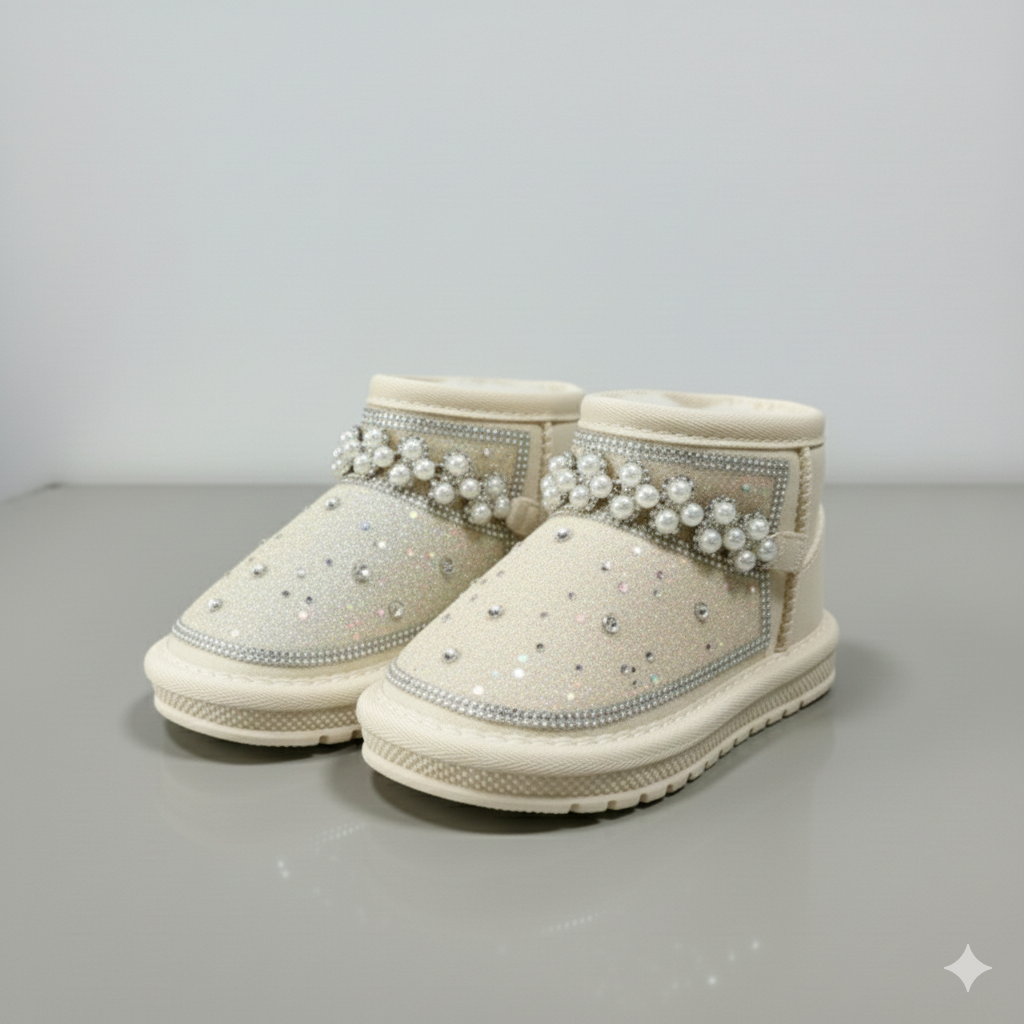 Bottes d'hiver à paillettes pour enfants avec perles – Chaussures montantes chaudes et antidérapantes doublées de fourrure pour filles,