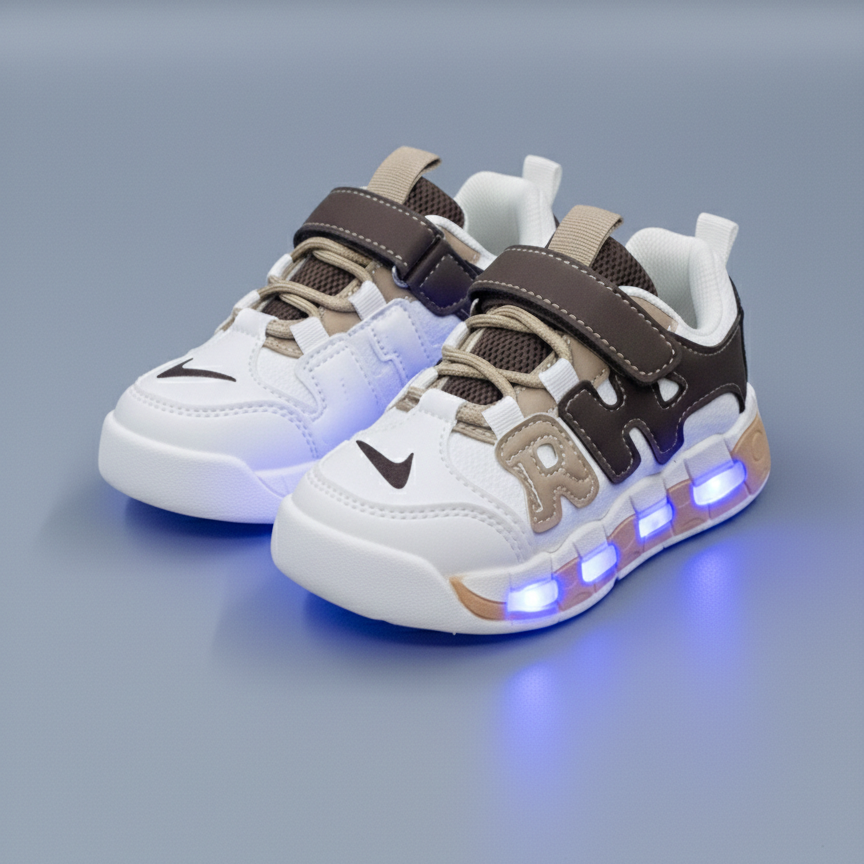 Kids LED light-up sneakers in four color options& with breathable mesh panels, hook-and-loop straps, and transparent soles that glow while walking.