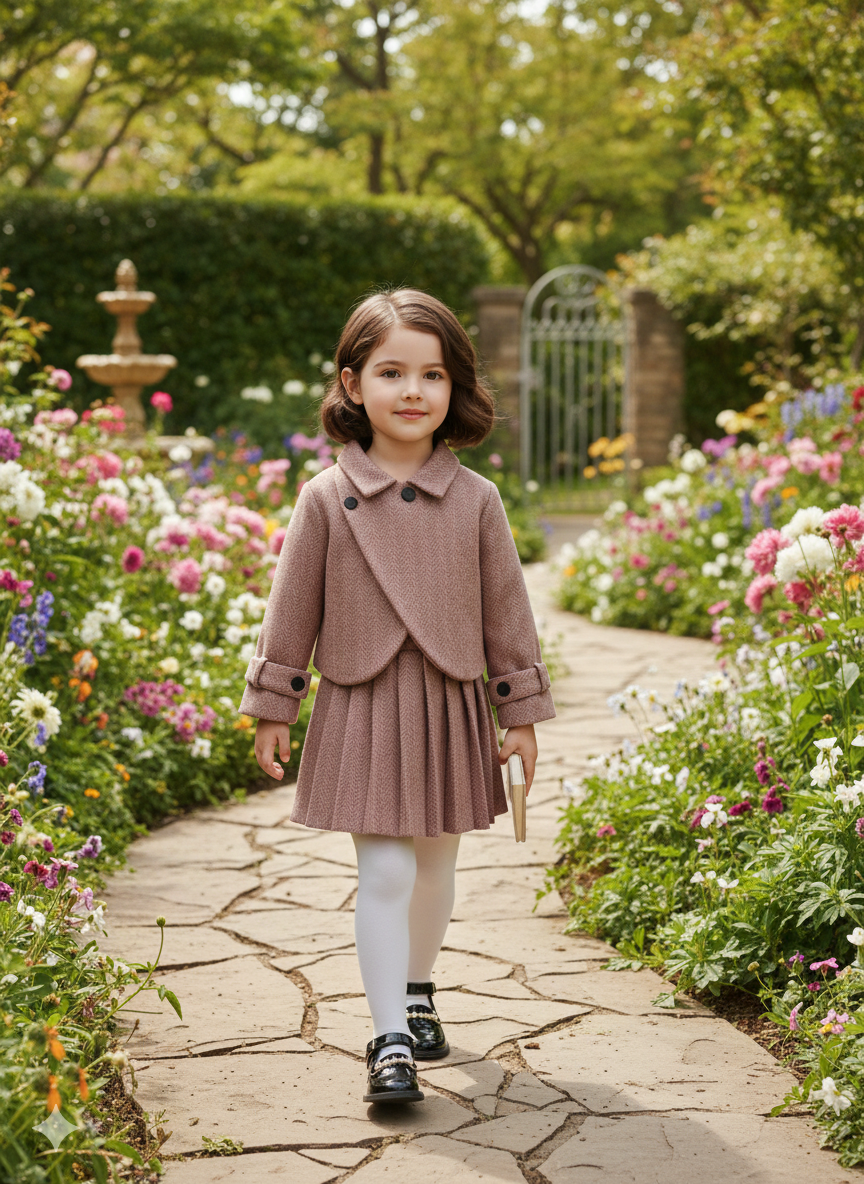 Ensemble deux pièces automne/hiver pour fille : manteau à revers en tweed décontracté et jupe plissée rétro