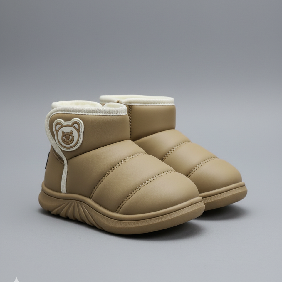 Bottes d'hiver pour filles : Douces et chaudes, antidérapantes, avec patch ours.