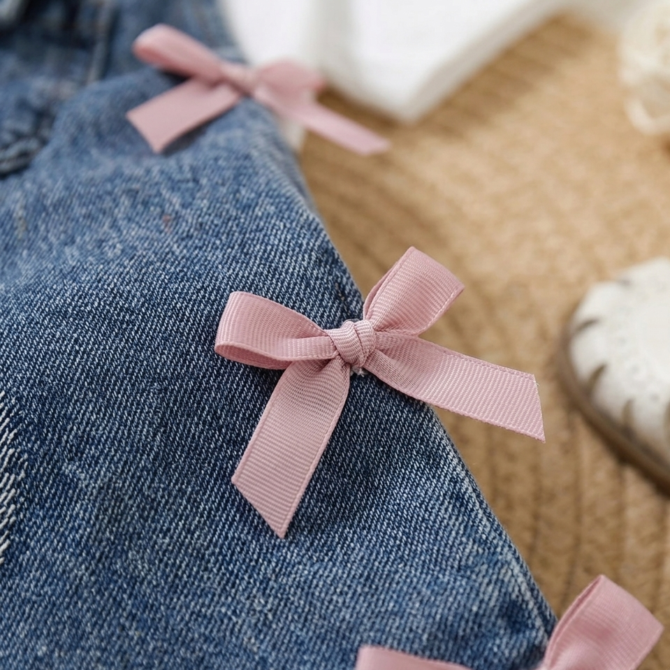 Girls 2-Piece Denim Overall Set with White Tee & Bow Detail