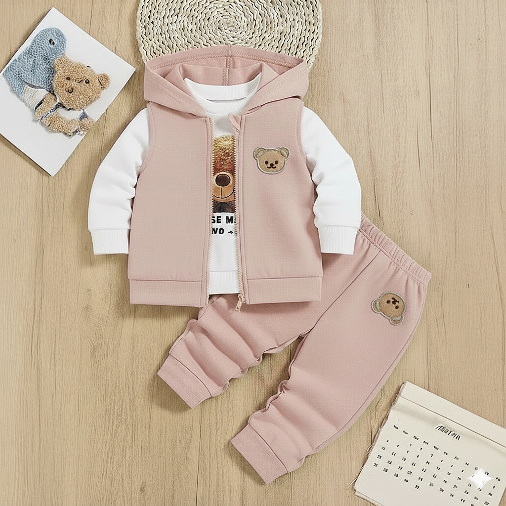 3-piece outfit set for boys and girls: a t-shirt with a bear print, a hooded sweatshirt, and sports pants.3-piece outfit set for boys and girls: a t-shirt with a bear print, a hooded sweatshirt, and sports pants.