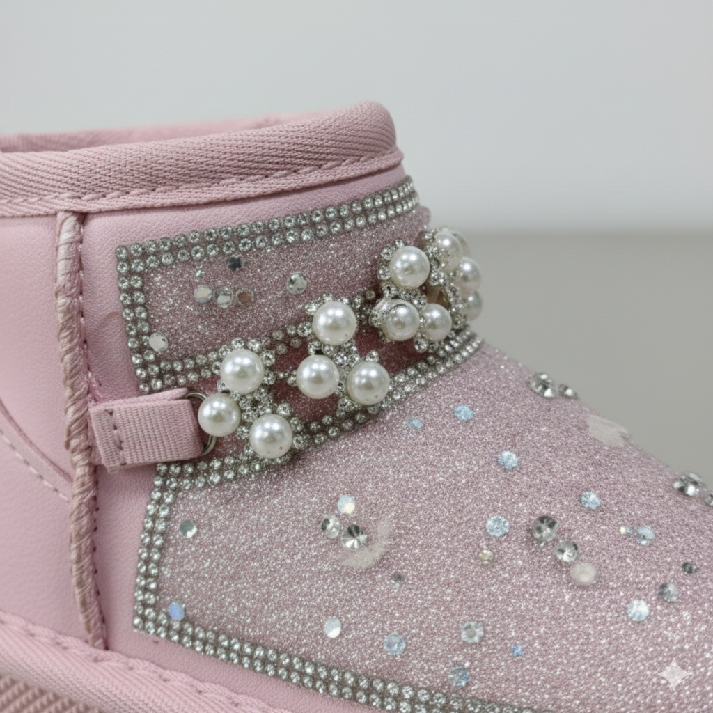 Bottes d'hiver à paillettes pour enfants avec perles – Chaussures montantes chaudes et antidérapantes doublées de fourrure pour filles,
