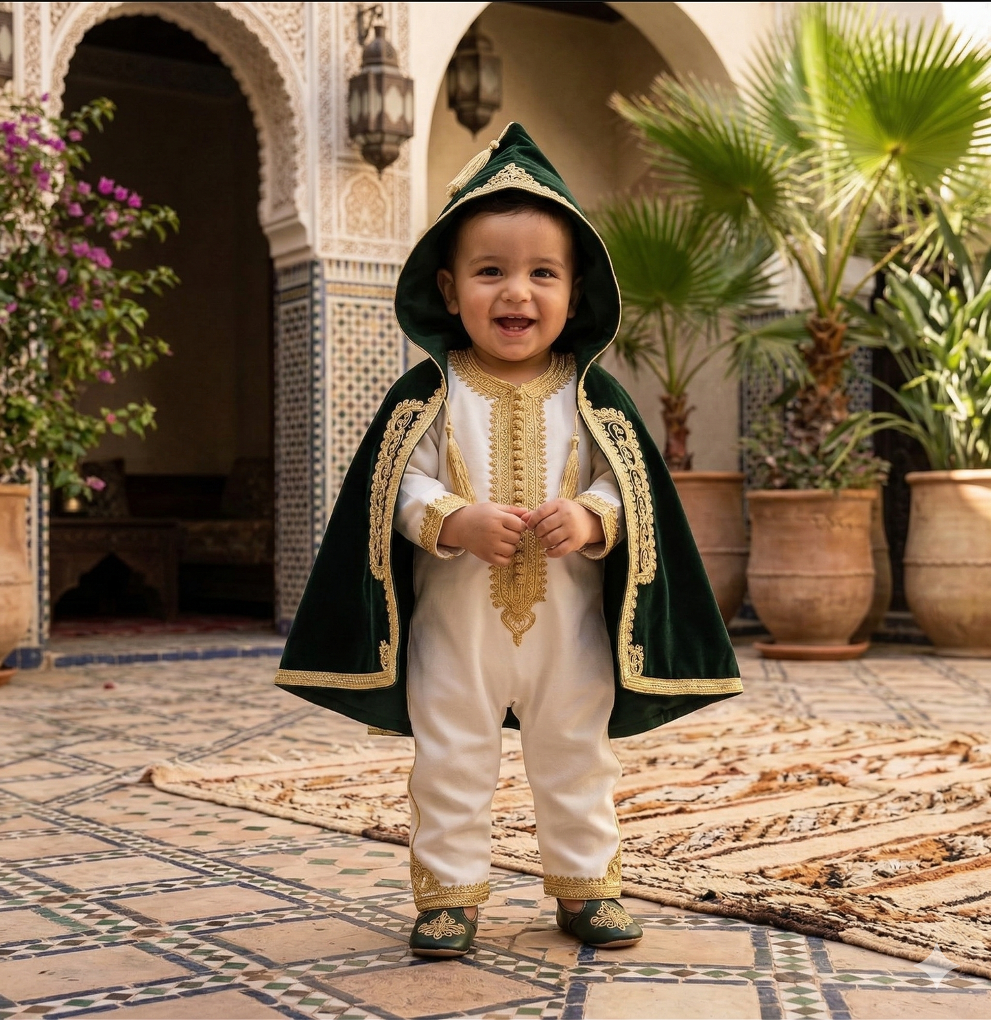 Tenue traditionnelle élégante pour bébé garçon avec cape en velours – Blanc et vert émeraude