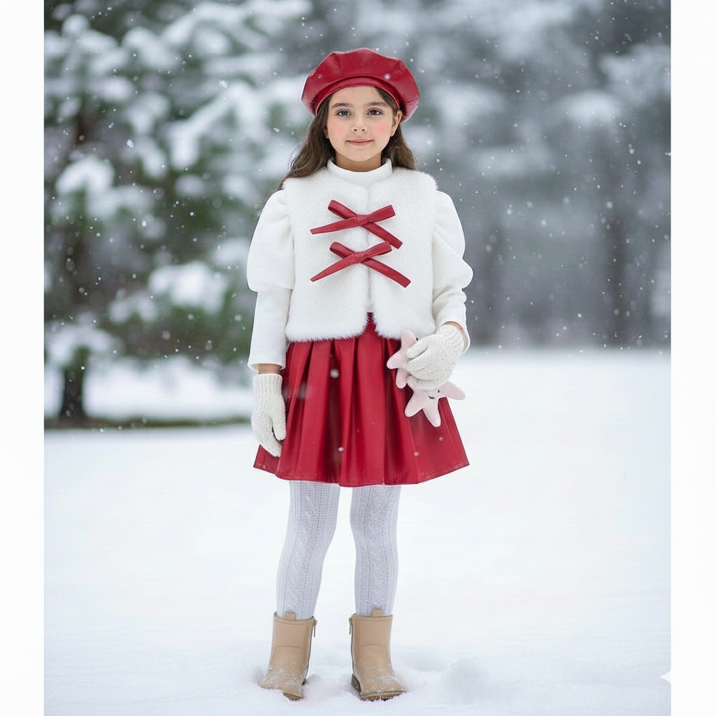Girls Elegant Winter Outfit Set – Faux Fur Vest, Puff-Sleeve Top, Pleated Skirt & Matching Beret