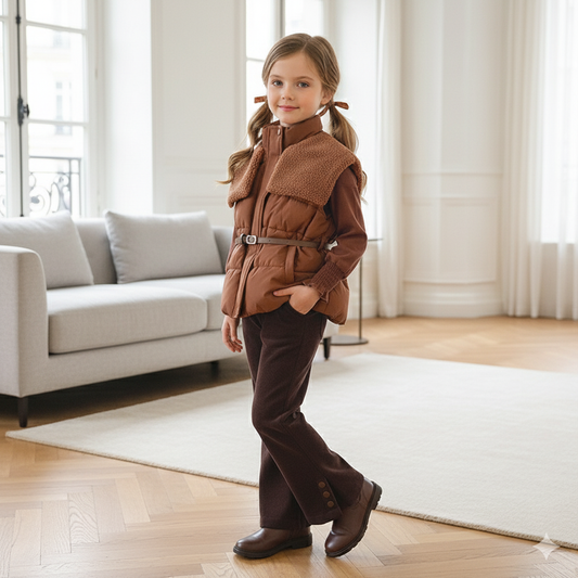 Stylish Winter Outfit for Kids – Puffer Jacket with Belt & Corduroy Pants