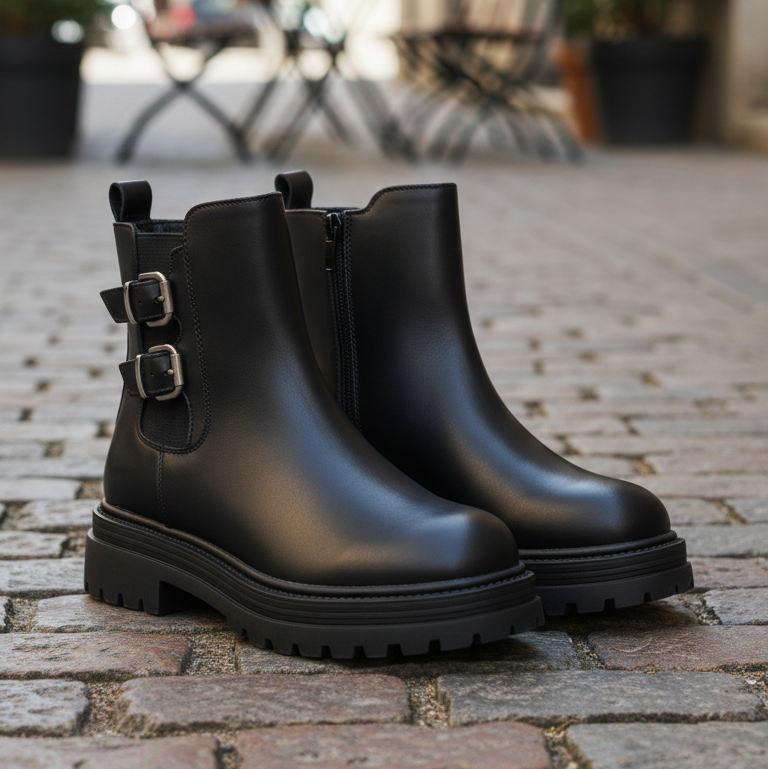 Girls’ Black Buckle Ankle Boots with Chunky Sole