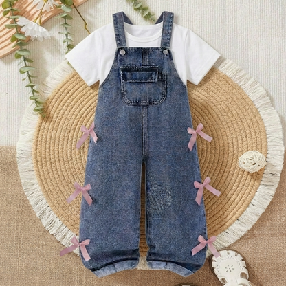 Girls 2-Piece Denim Overall Set with White Tee & Bow Detail