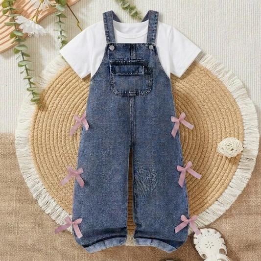 Girls 2-Piece Denim Overall Set with White Tee & Bow Detail