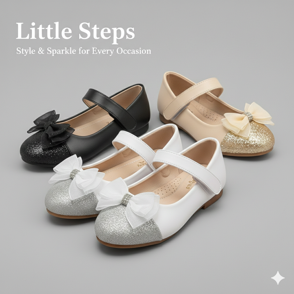 🌸 Girls Elegant Bow Glitter Mary Jane Shoes – Party & Special Occasion Flats