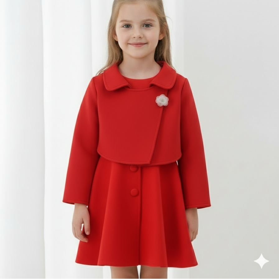 Ensemble robe rouge pour fille — Boléro chaud, boutons faciles à manipuler sur le devant