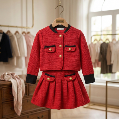 Girls Elegant Red Tweed Jacket & Skirt Set – Classic Party Wear Outfit Made with a Chanel dress