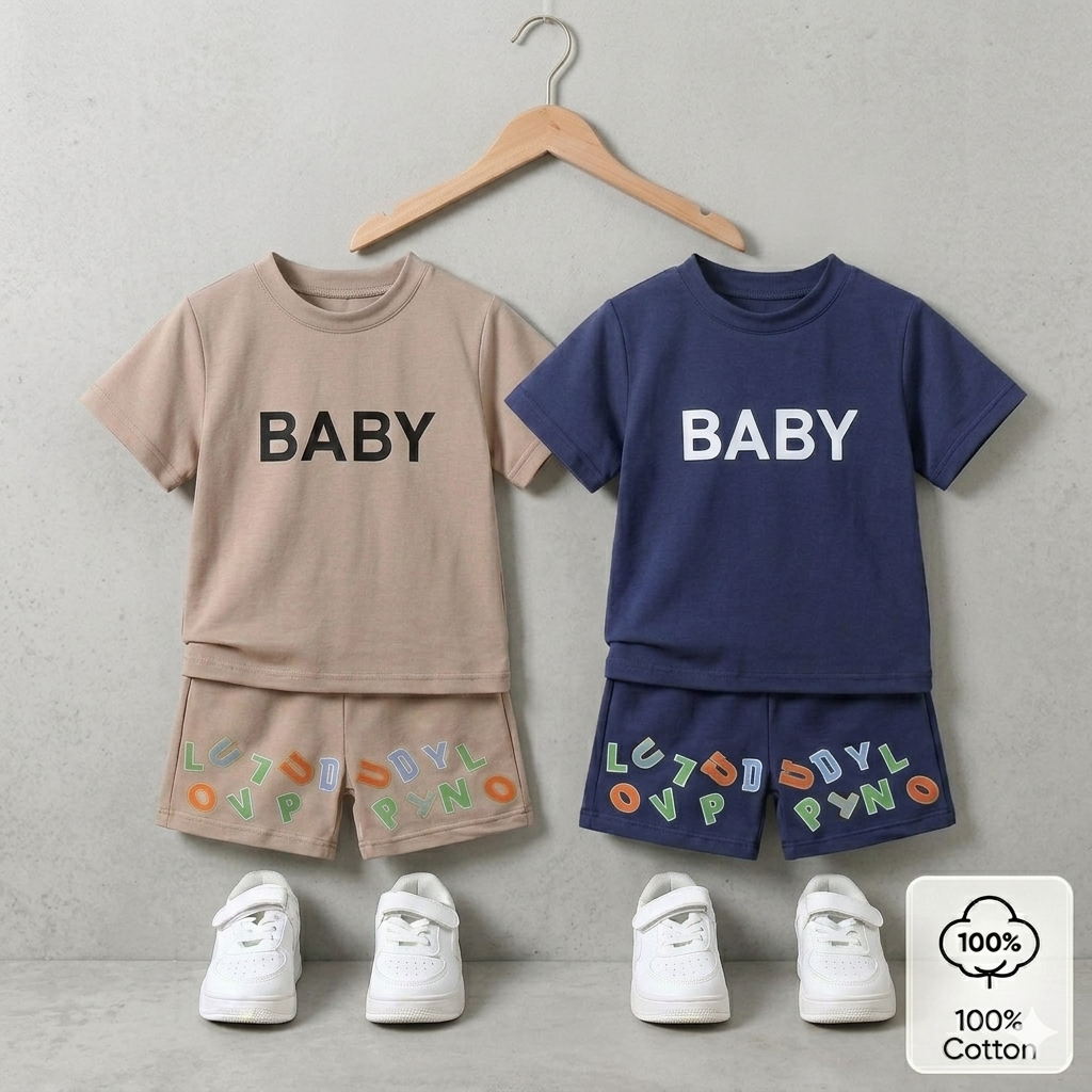 Ensemble d'été en coton « BABY » pour garçon avec casquette assortie – Disponible en bleu et beige