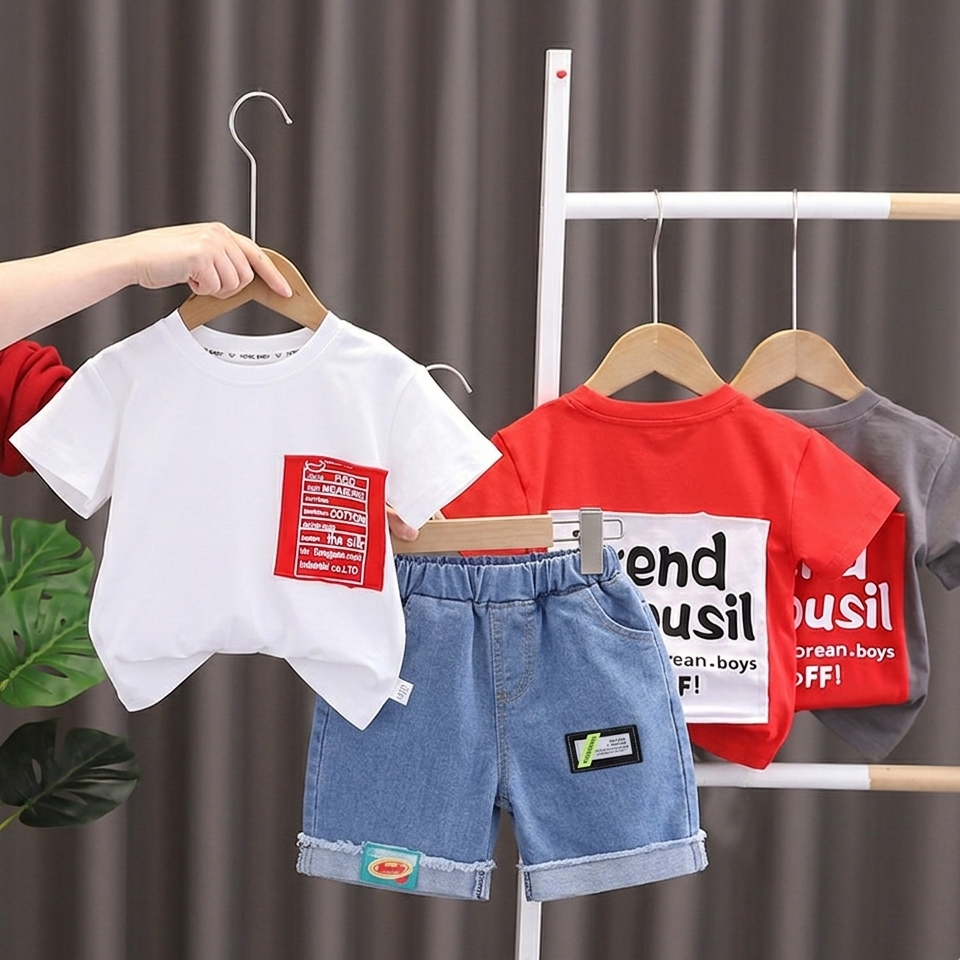 Ensemble d'été tendance pour enfants : t-shirt à lettres et short en jean, garçons/filles