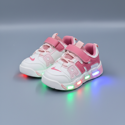 Kids LED light-up sneakers in four color options& with breathable mesh panels, hook-and-loop straps, and transparent soles that glow while walking.