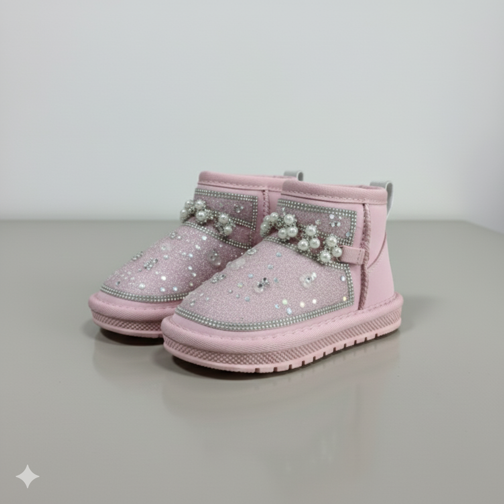 Bottes d'hiver à paillettes pour enfants avec perles – Chaussures montantes chaudes et antidérapantes doublées de fourrure pour filles,