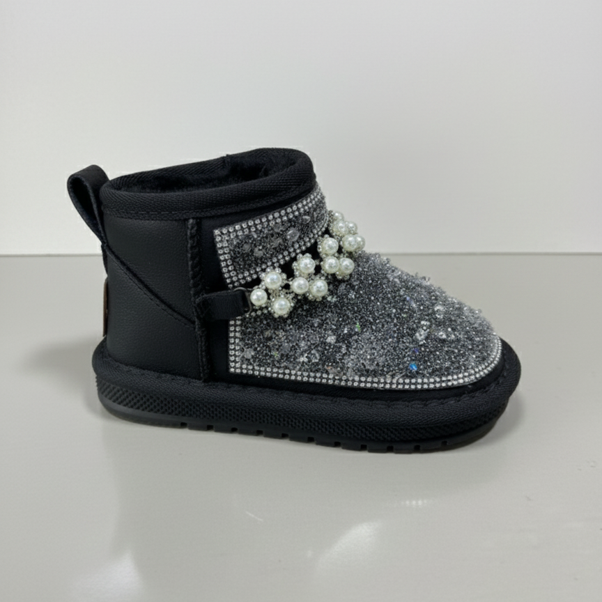 Bottes d'hiver à paillettes pour enfants avec perles – Chaussures montantes chaudes et antidérapantes doublées de fourrure pour filles,