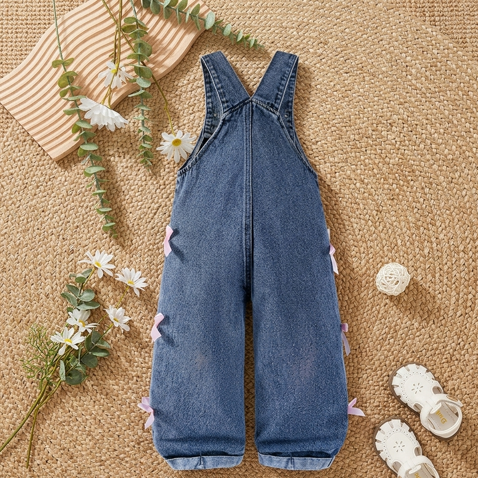 Girls 2-Piece Denim Overall Set with White Tee & Bow Detail