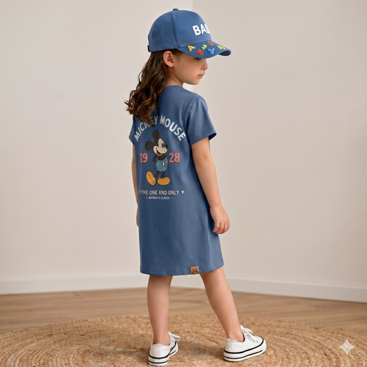 Chemise longue en pur coton pour filles – Robe d'été décontractée avec motif de dessin animé et chapeau assorti