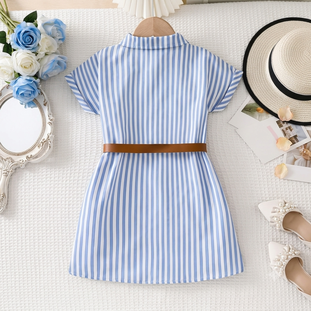 Ensemble robe à rayures bleues et ceinture pour fille