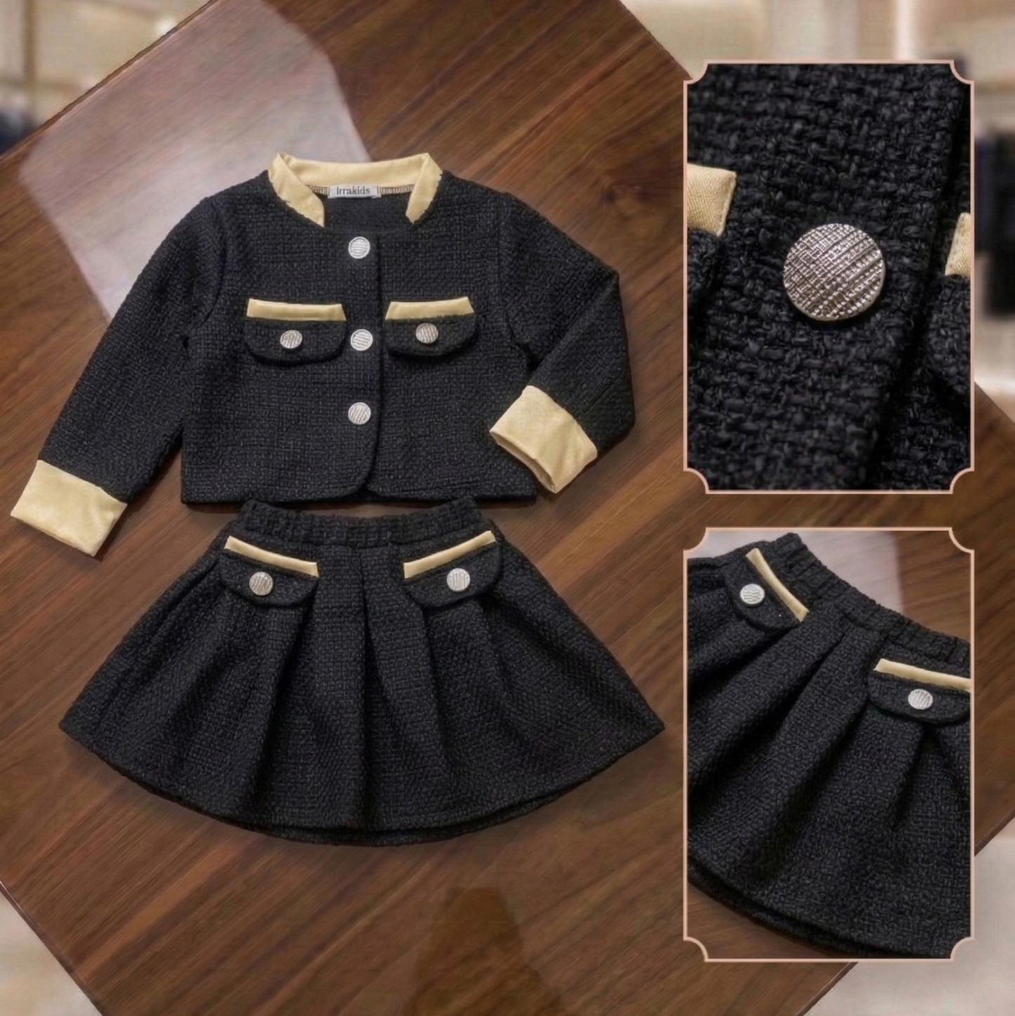Girls Elegant Red Tweed Jacket & Skirt Set – Classic Party Wear Outfit Made with a Chanel dress