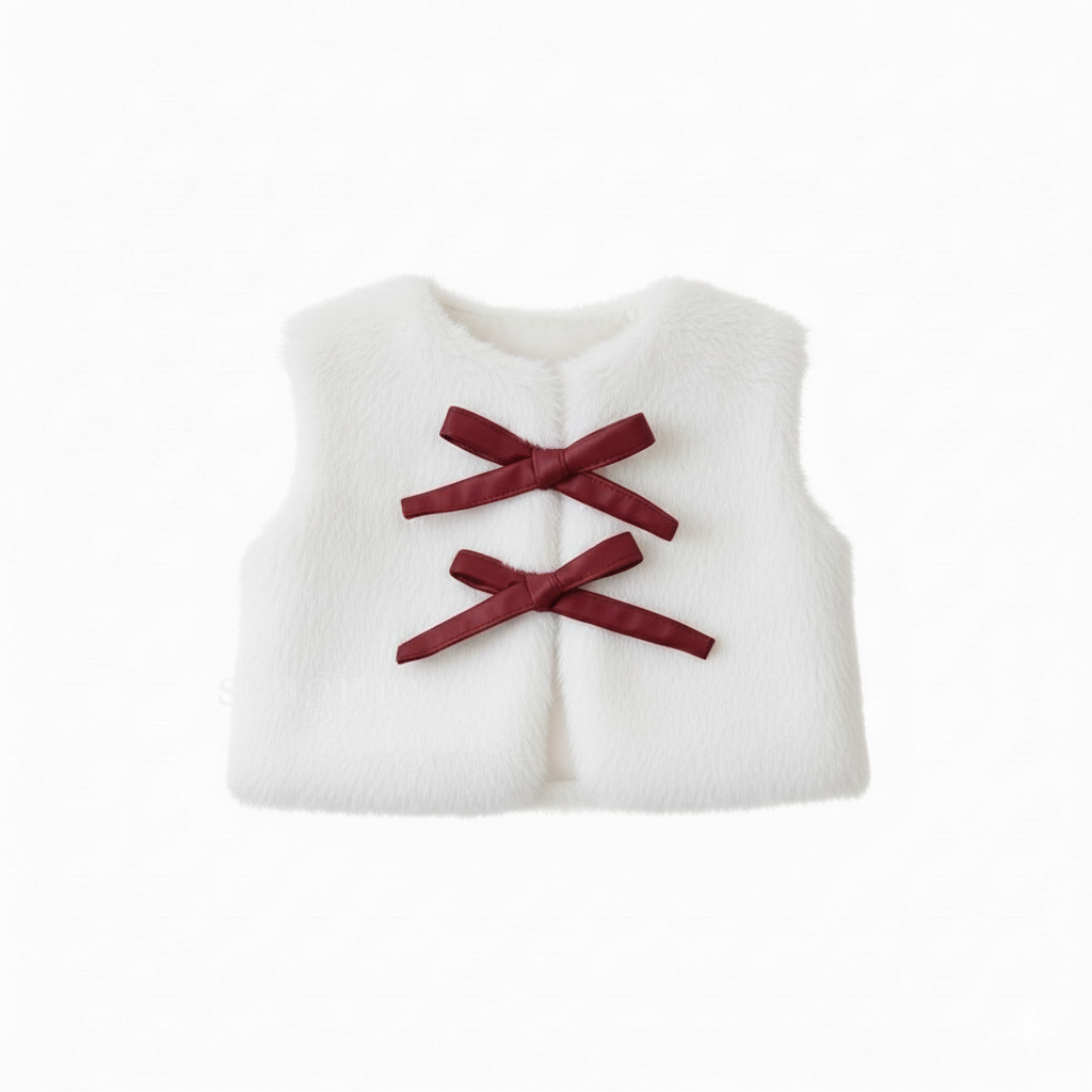 Girls Elegant Winter Outfit Set – Faux Fur Vest, Puff-Sleeve Top, Pleated Skirt & Matching Beret