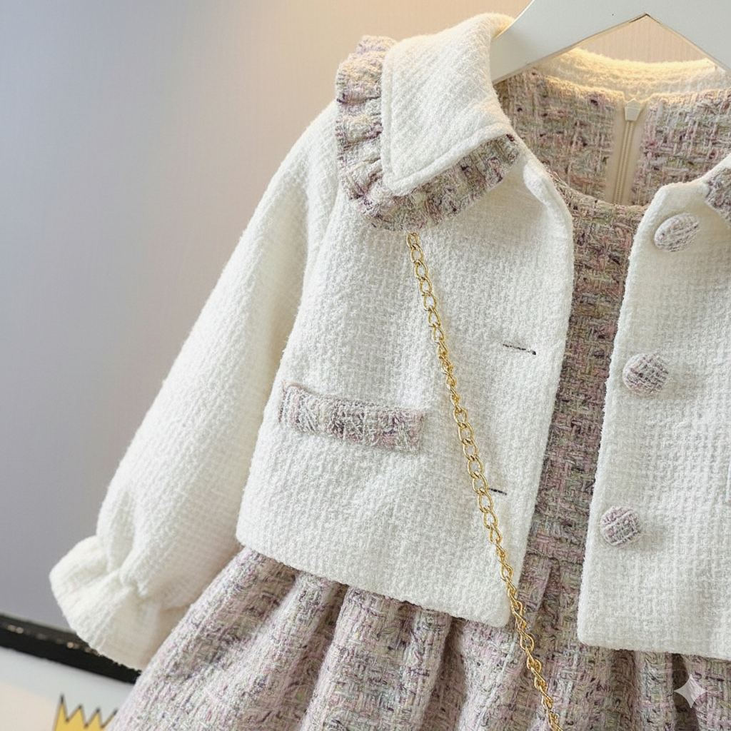 🌸 Ensemble d'hiver élégant pour fille – Manteau doux, robe à carreaux et mini sac 🌸