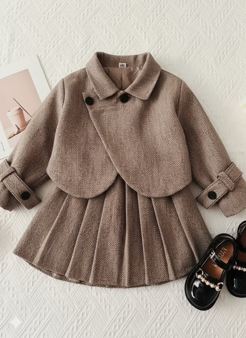 Ensemble deux pièces automne/hiver pour fille : manteau à revers en tweed décontracté et jupe plissée rétro