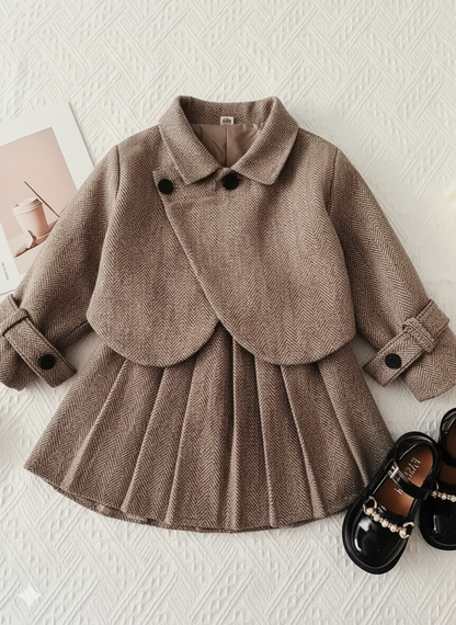 Ensemble deux pièces automne/hiver pour fille : manteau à revers en tweed décontracté et jupe plissée rétro