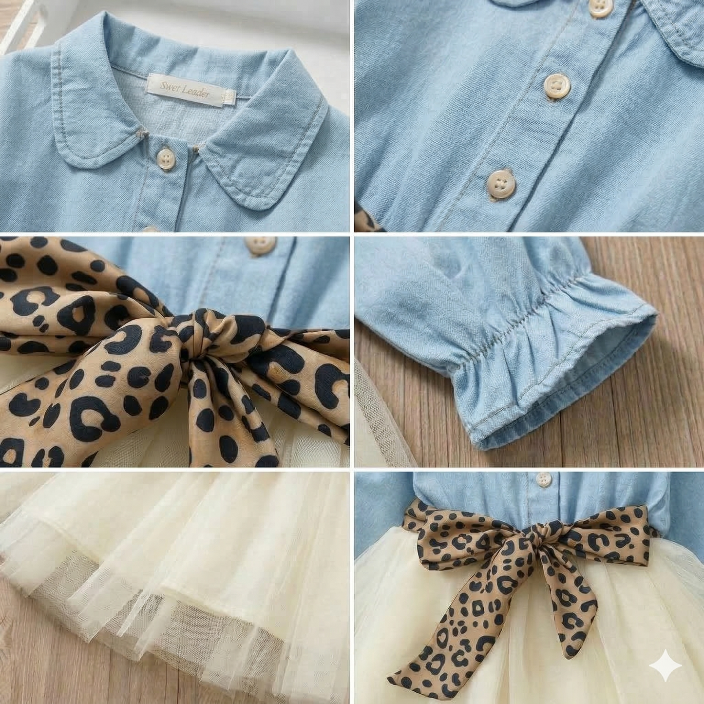 ✨ Elegant Girls Denim & Tulle Dress with Leopard Bow – Princess Style Outfit