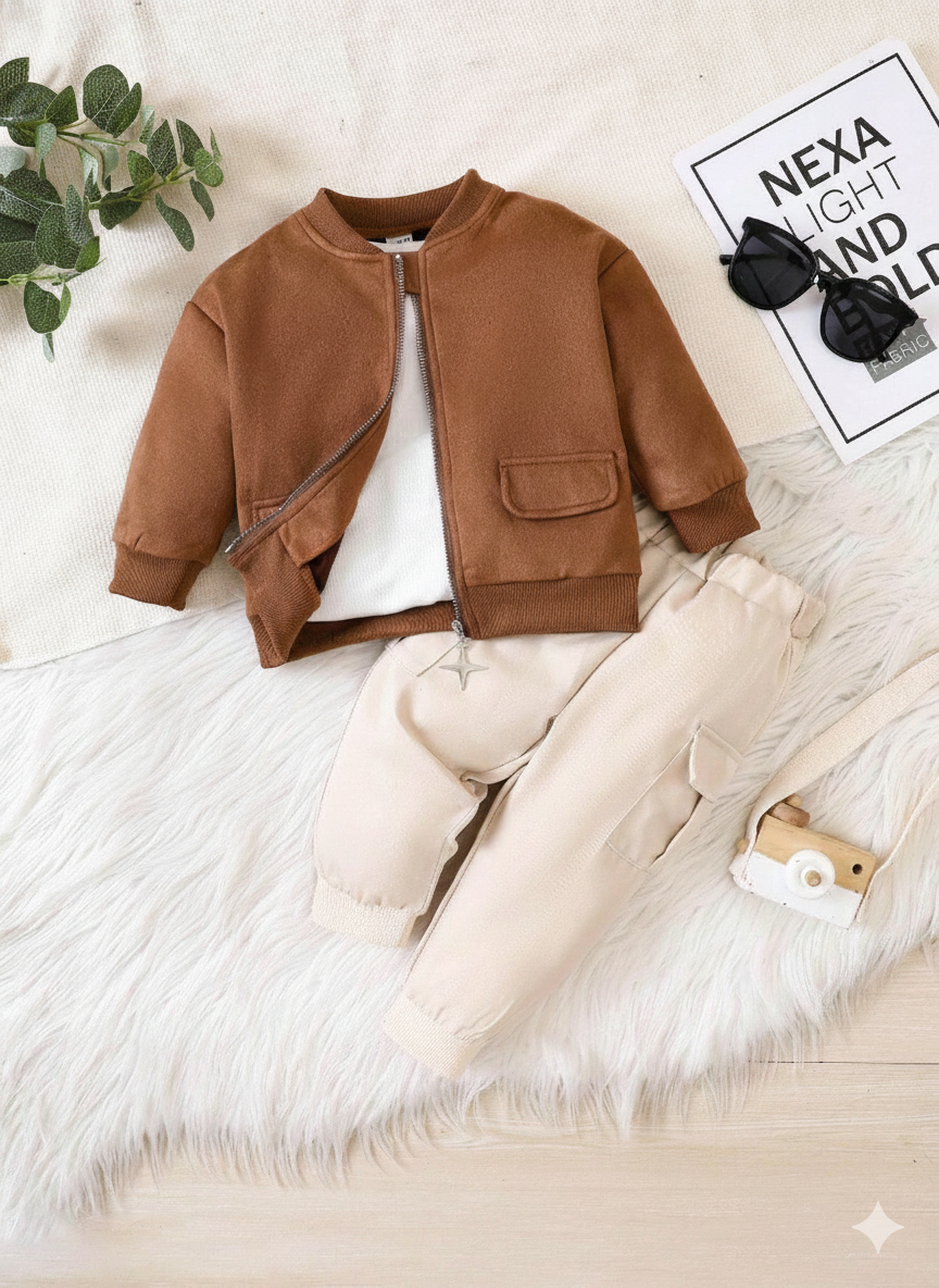 Stylish Baby Boy Suede Jacket & Cargo Pants Set – Cozy & Trendy Outfit for All Seasons