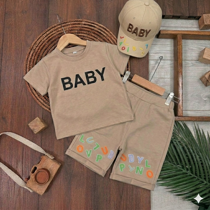 Boys’ “BABY” Cotton Summer Outfit Set with Matching Cap – Available in Blue & Beige
