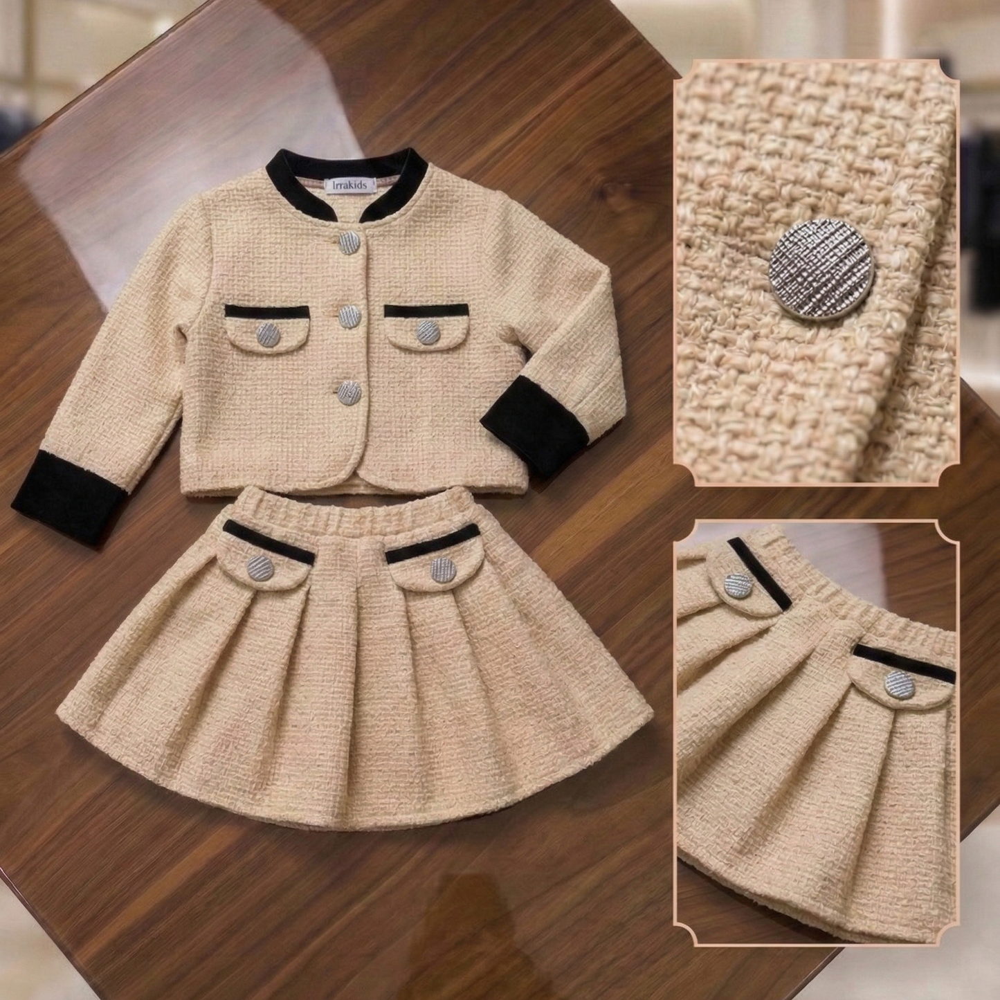 Girls Elegant Red Tweed Jacket & Skirt Set – Classic Party Wear Outfit Made with a Chanel dress