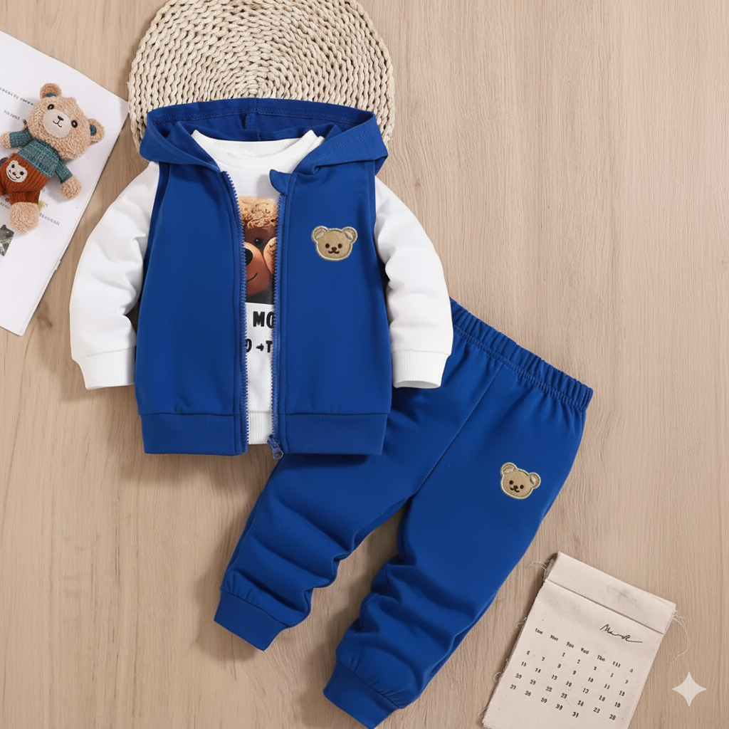 3-piece outfit set for boys and girls: a t-shirt with a bear print, a hooded sweatshirt, and sports pants.3-piece outfit set for boys and girls: a t-shirt with a bear print, a hooded sweatshirt, and sports pants.
