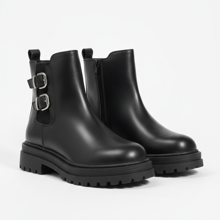 Girls’ Black Buckle Ankle Boots with Chunky Sole